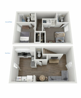 2 Bed / 2½ Bath / 832 sq ft / See details below / Rent: $715/mo (per bed)